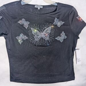Faded Rose - Y2K-style black mesh crop top with rhinestone butterflies.